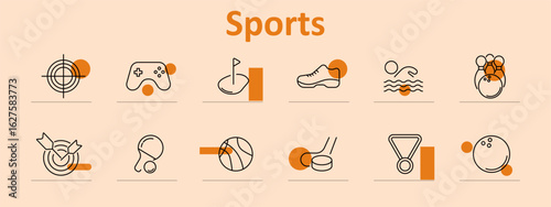 Sports set icon. Target, joystick, golf, shoe, swim, bowling, basketball, table tennis, medal, puck, and bowling ball visuals in athletic symbol line illustration