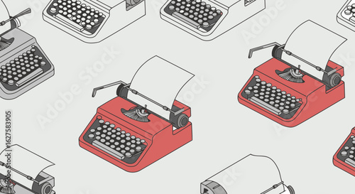 Vintage typewriters in various shades of red and gray, displayed in an isometric view. Multiple typewriters with paper in action against a light gray background.
