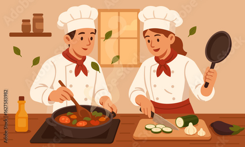 Chefs cooking together in cozy kitchen – flat vector.