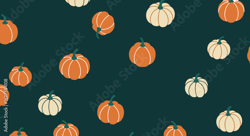 Pumpkin pattern with no background, autumnal design. Repeating decorative shapes on a dark teal backdrop.