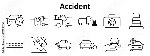 Accident set icon. Damaged cars, crash impacts, traffic cone, toolkit, tire marks, slippery slope, smoke, hand support, repair symbol outlined in black on white background.