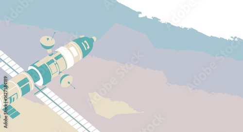 Space station illustration in pastel colors with no people. Station in orbit with solar panels deployed.