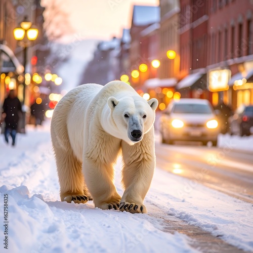 Polar bear on city street at sunset