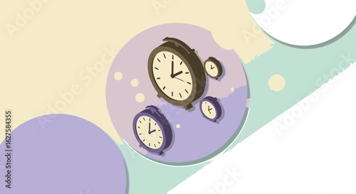 Abstract graphic design of multiple floating clocks in pastel colors. Floating timepieces in soft hues against a backdrop of layered circles and light effects.