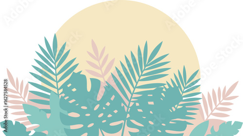 Abstract tropical foliage graphic design with pastel colors. Silhouettes of lush leaves in teal and dusty rose hues arranged against a soft beige background with a pale yellow sunburst.