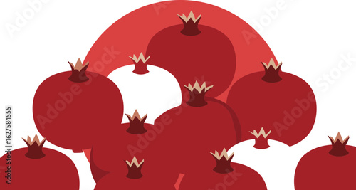 Pomegranate fruit display in a stylized, abstract arrangement. Group of pomegranates in various shades of red and cream, subtly overlapping, forming a textured pattern against a neutral background.