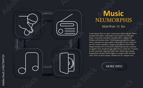 Music set icon. Hand holding microphone, radio, musical note, and CD in case outlined in white on neumorphic buttons for audio broadcasting themes