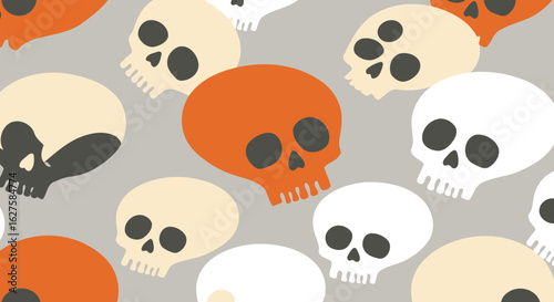 Skull pattern with various colors in a neutral background. Abstract skulls in orange, gray and cream colors, scattered on a light gray backdrop, suitable for various design projects.
