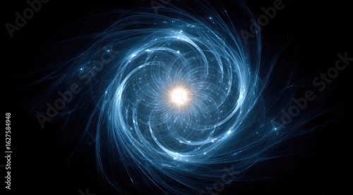 Glowing blue spiral nebula with bright core