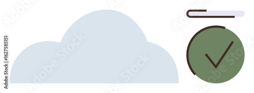 Cloud icon paired with a green checkmark and an upload bar signifies digital storage, data synchronization, backup, online security, approval, reliability, network technology, simple flat metaphor