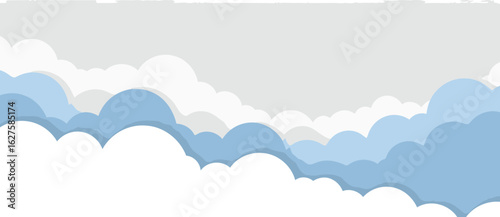 Abstract graphic design of layered light blue and white clouds against a light gray background. Soft, pastel color palette with stylized, paper-cut effect clouds.