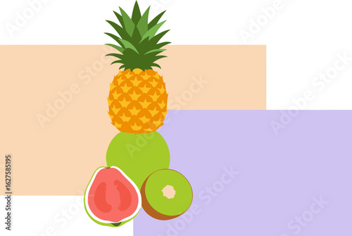 Pineapple, guava, and kiwi fruit arranged on a pastel color background. Colorful still life of tropical fruits displayed on a vibrant background.