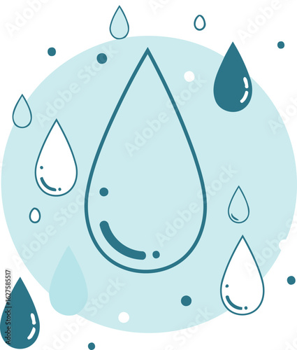 Water drop graphic in a light teal setting. Water drops in various shades of blue and white arranged around a central water drop, creating a soothing visual.