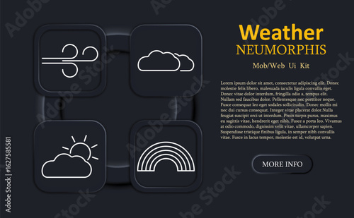 Weather set icon. Wind swirl, clouds, partly sunny, rainbow in neumorphic outline style for meteorology, forecast, mobile weather dashboard or climate UI tools