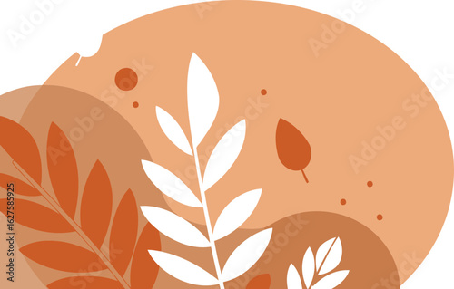Abstract graphic design featuring layered shapes and foliage in muted peach, orange and beige tones. Simple, organic forms with leaves and circles, creating a peaceful and minimalist aesthetic.