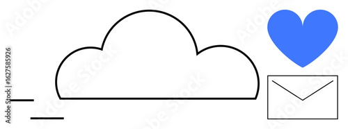 Cloud icon, envelope, and blue heart symbolize digital communication and storage. Ideal for technology, communication, email, cloud storage, connection, positivity and simple landing page