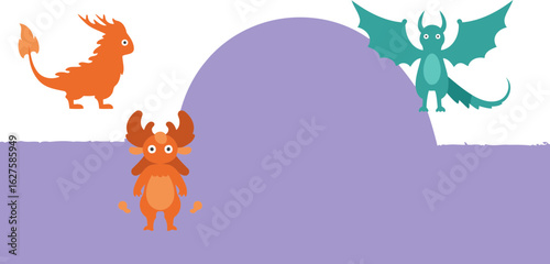 Three stylized dragons in bright orange and teal, standing and flying, showing simplistic design and vibrant colors perfect for children's books, educational resources or digital media.