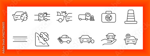 Car accident set icon. Includes burning, crash, rear-end collision, truck with cone, toolbox, cone, road lines, falling, repair tool, exhaust, car with gear