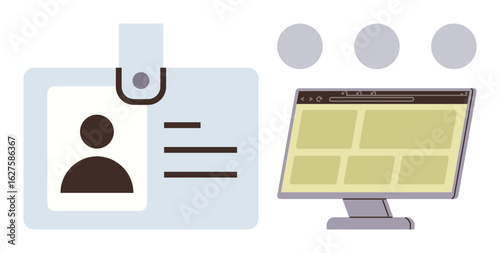 ID badge and monitor with grid layout highlighting user profiles, digital identity, access control. Ideal for technology, security, networking, authentication, online profiles, user interface