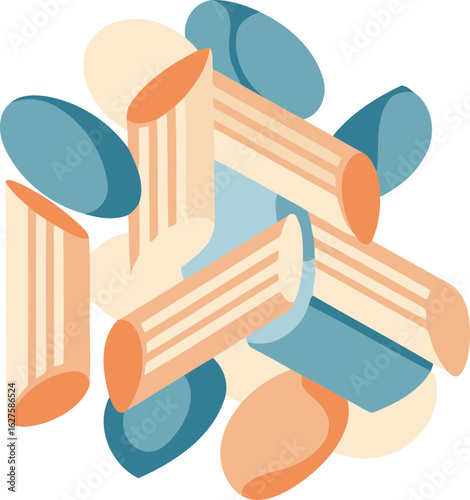 Abstract representation of penne pasta in pastel colors against a light blue background. Colorful pasta pieces in various pastel hues arranged in a dynamic, overlapping composition.