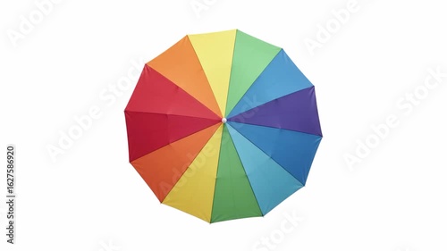 Top view rainbow beach umbrella isolated on white background. 4k animation video.