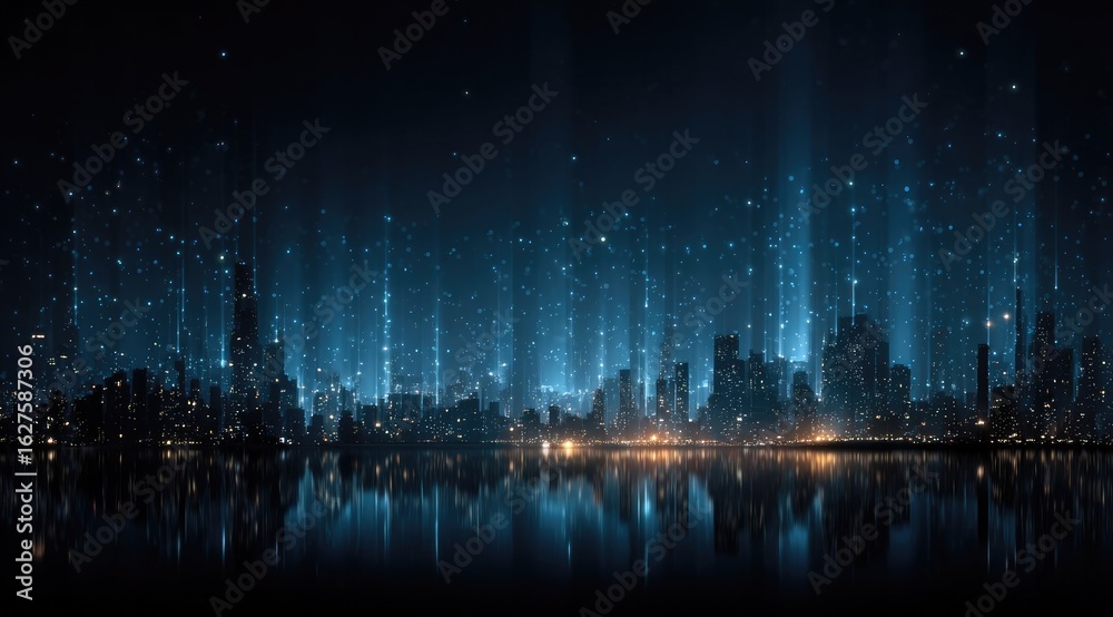 Fototapeta premium Futuristic city skyline at night, reflected in calm water, illuminated by bright lights and particles