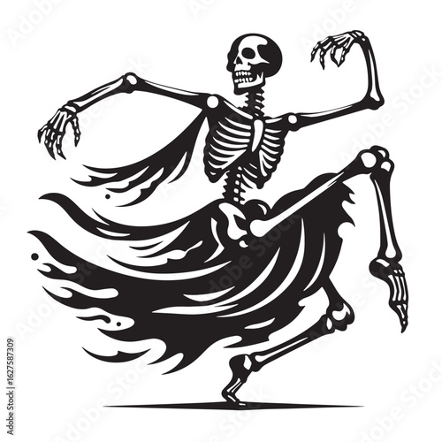 black Skeleton dancing Silhouette Vector, High Quality Illustration on White Background
