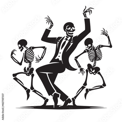 black Skeleton dancing Silhouette Vector, High Quality Illustration on White Background