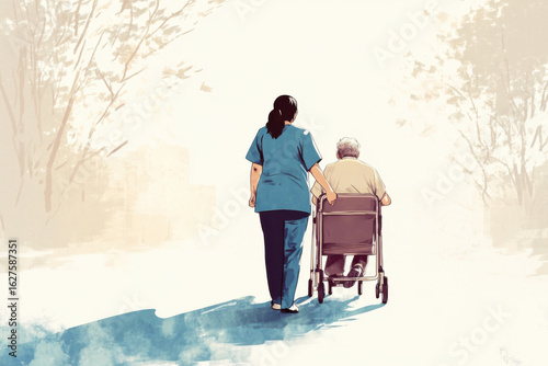 Hhealthcare worker helping a patient with a mobility aid