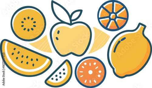 Vibrant assortment of fresh yellow and orange fruits including apples oranges lemons and kiwi slices in a playful illustration style