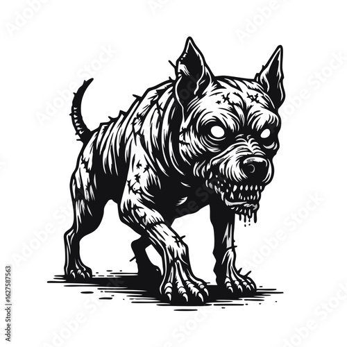 A menacing, undead dog with glowing eyes and visible stitches stands alert, depicted in a detailed black and white illustration.