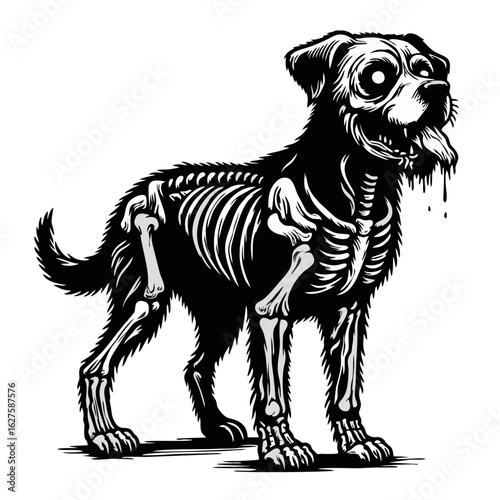 Illustration of a dog with a visible skeleton, tongue hanging out, and dripping saliva, rendered in a black and white graphic style.