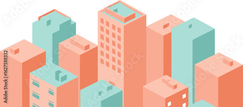 Abstract cityscape of pastel-colored buildings in a geometric style. Isometric view of a city with simple shapes and muted tones.