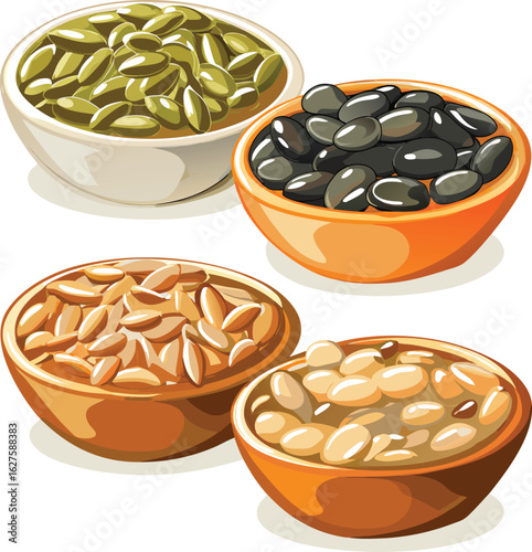 Four bowls of assorted healthy seeds and beans including pumpkin seeds black beans and peanuts
