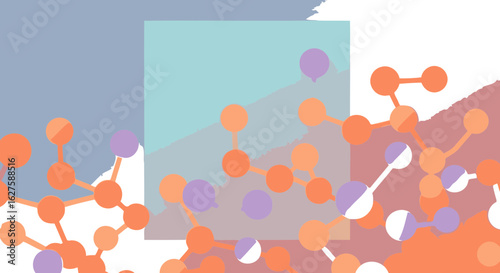 Abstract molecular structure design with a pastel color palette. A graphic representation of atoms and molecules on a muted, two-tone background.
