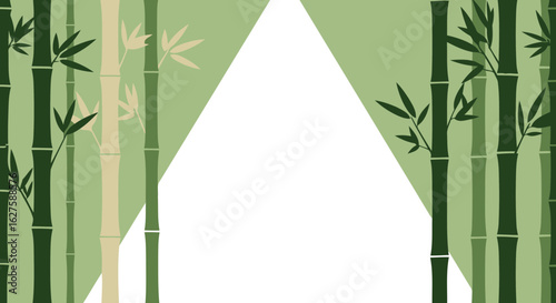 Abstract bamboo grove with muted color palette. Silhouettes of bamboo stalks and leaves arranged in a minimalist style on a light green background.
