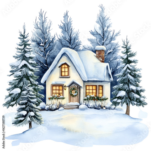 A Christmas house in the snow, surrounded by pine trees, against a white background PNG, in a watercolor style