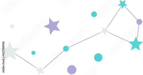 Abstract constellation design in muted color palette. Colorful stars and planets arranged in a space-themed pattern against a dark backdrop.