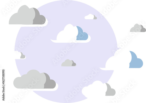 Pastel cloudscape in a light purple sky with paper cutout effect. Abstract cloud shapes in light blue and grey, scattered across the sky. Abstract illustration for general use -