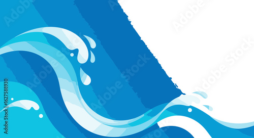 Abstract ocean waves with stylized water splashes in a gradient of blues and teal. Dynamic wave patterns with a splash of white. Ocean waves background design.