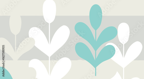 Abstract plant design in muted greens and light teal/turquoise with cream tones, arranged on a neutral background. Simple, stylized organic forms create a modern, calming visual effect.