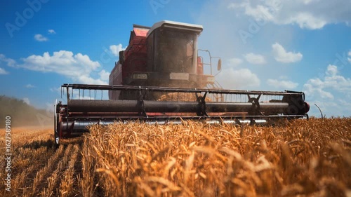 High-tech harvesters collecting rye in sprawling country fields in summer day. Synergy of modern agribusiness and agronomy innovation boosts growth of cereals for food industry in ecological farmland
