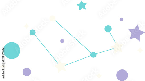 Abstract celestial design with a constellation pattern in muted colors. Displaying a star constellation in space with various colored celestial bodies.