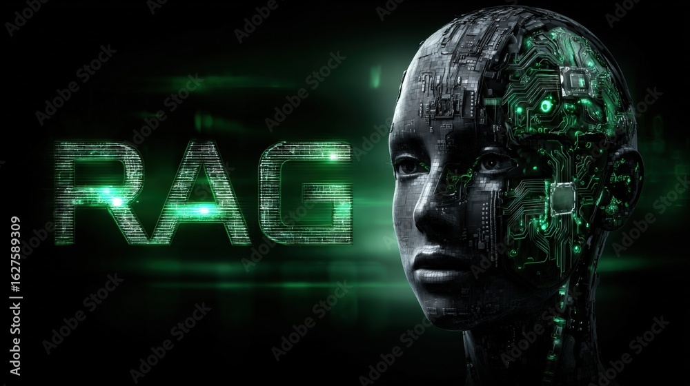 Obraz premium A robotic hand interacts with a glowing brain representation, showcasing the fusion of artificial intelligence. RAG (Retrieval Augmented Generation). LLM (Large Language Model)