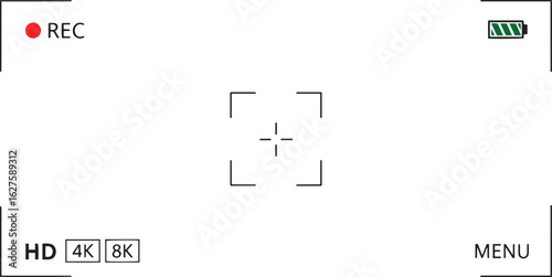 Vector art of camera viewfinder screen display isolated on white background, video recording interface with hd 4k 8k indicators and battery status isolated on white background