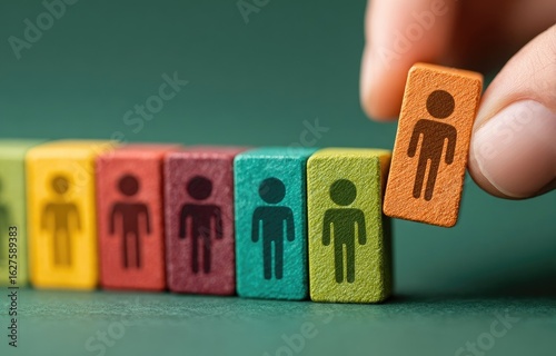 Hand adds a person icon block to a row of colorful blocks