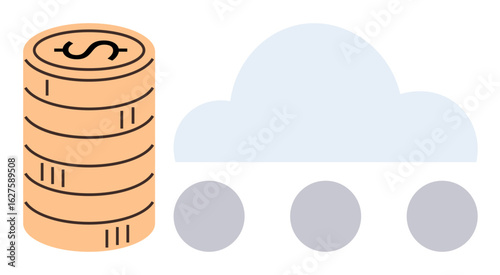 Stack of coins next to a cloud with circular elements beneath it emphasizing financial technology, banking, digital storage, monetary solutions, cost efficiency, data management, simple flat metaphor