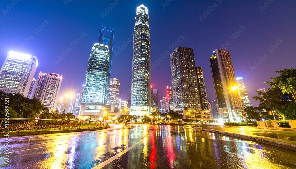 Fototapeta premium Vibrant neon-lit cityscape at dusk, glowing skyscrapers reflect on a sleek wet street, captured in crisp detail, futuristic urban wallpaper,