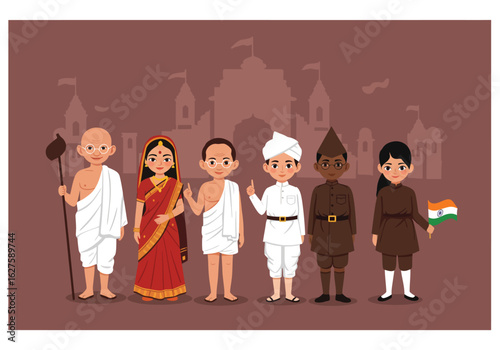 A group of children dressed as famous Indian freedom fighters like Gandhi, Nehru, and Bose.
