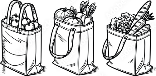 Three hand drawn grocery bags filled with fresh produce and bread in a simple line art style